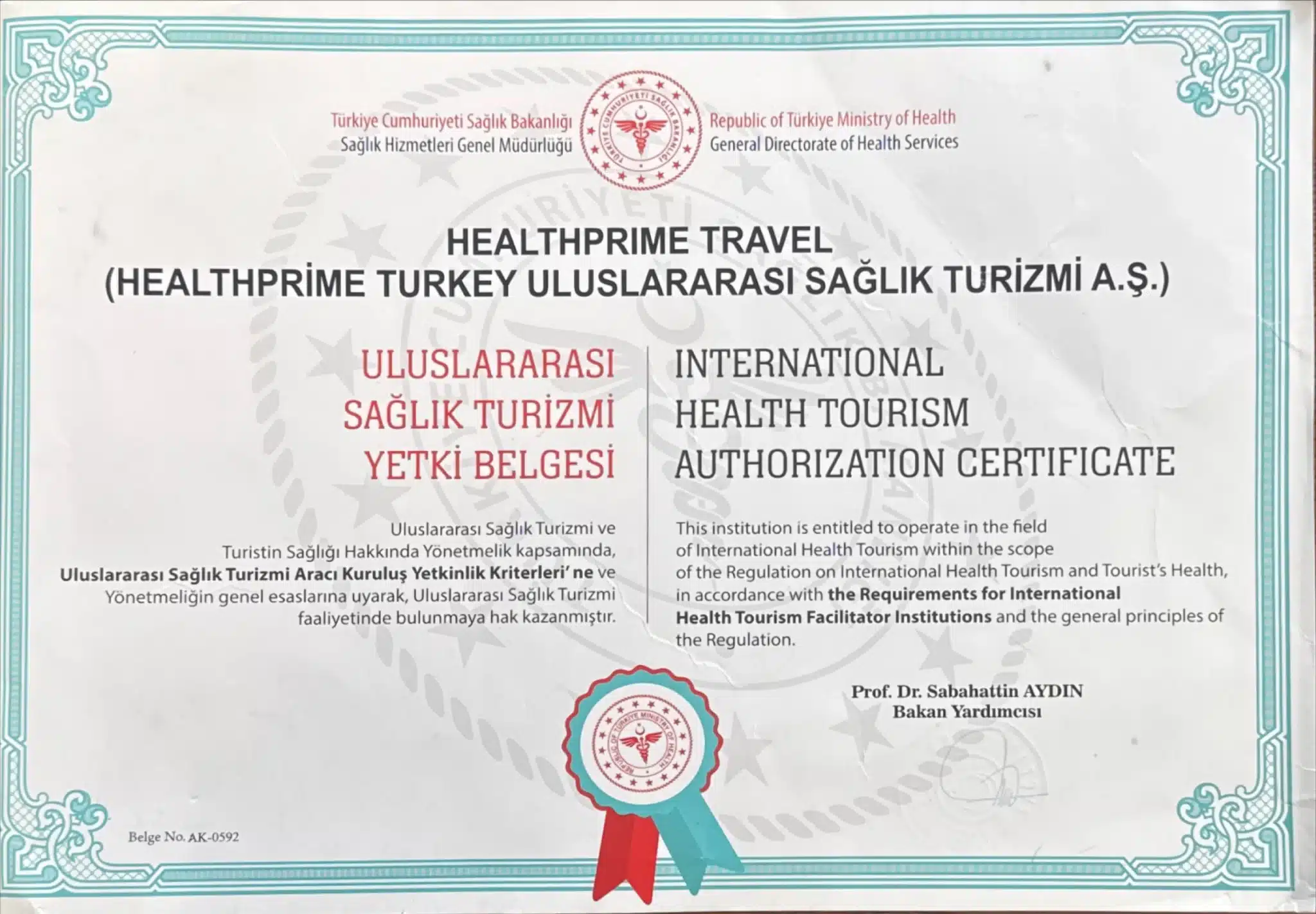 Healthprime A.Ş. Gesundheitstourismus-Zulassungsbescheinigung